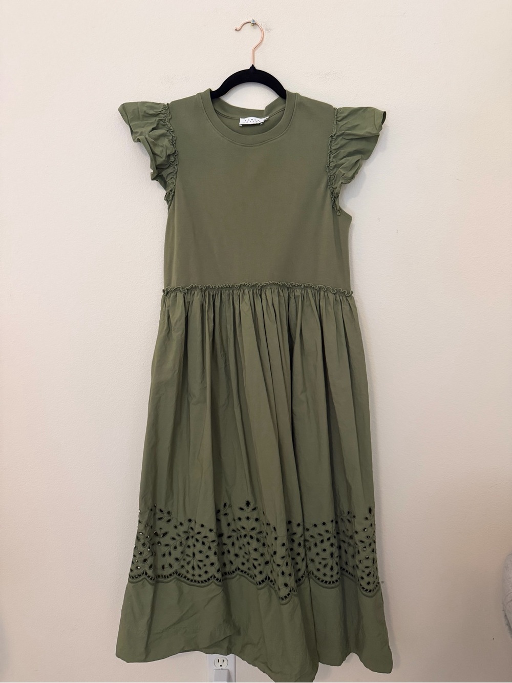 Tanya Taylor Faye Midi Dress Sz Small Moss Green Minimalist Spring Eyelet
